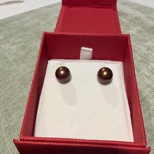 Classic Brown Pearl Stud Earrings - Women Jewelry